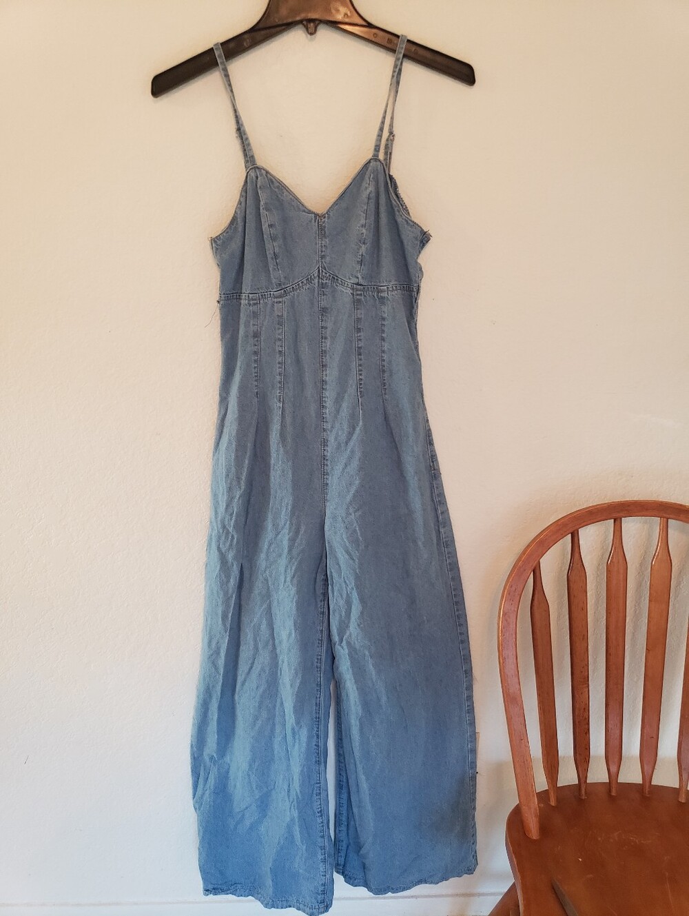 Denim Wide Leg Jumper Zip Up Back With Pockets Adjustable Straps XS